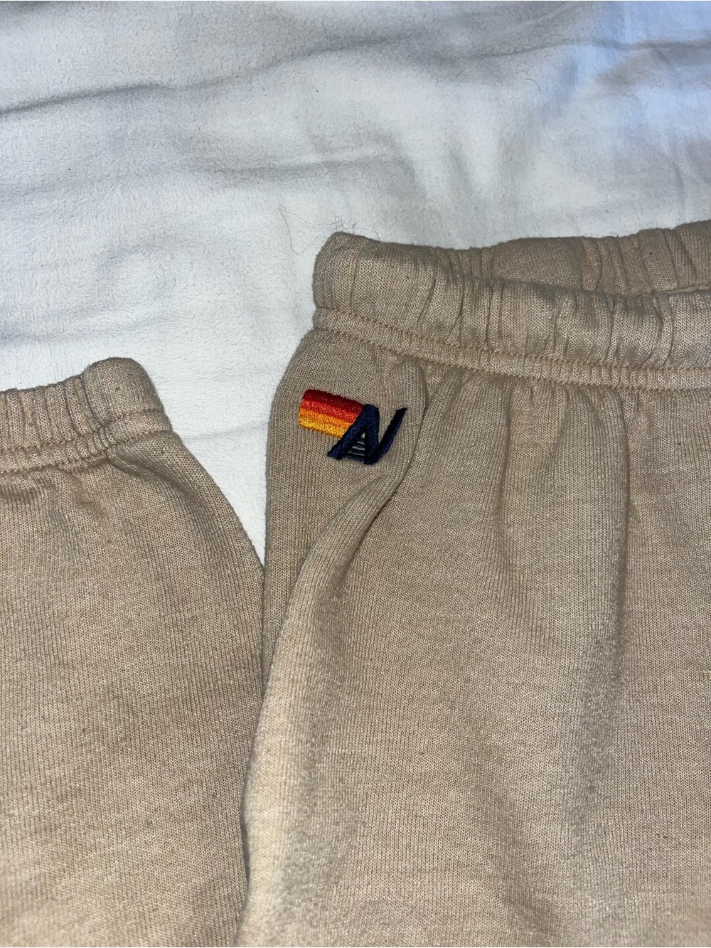 Aviator Nation Tan Sweatpants with Rainbow Stripe and Navy 'A' Logo